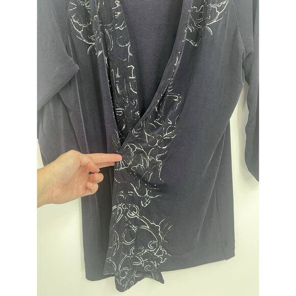 Chicos Travelers Floral Trim Navy Blue Open Front Cardigan Large (2) - Picture 3 of 3